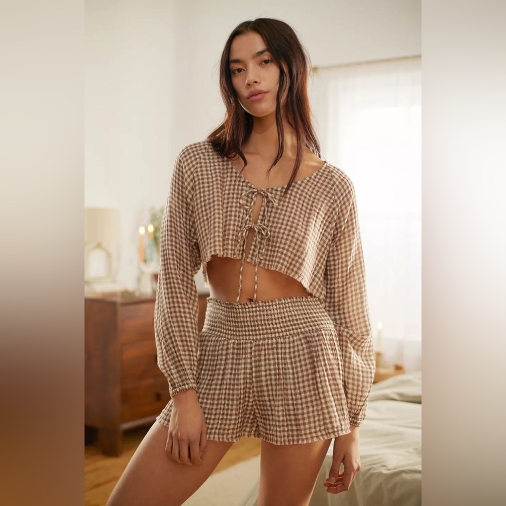 Out From Under Urban Outfitters Brown White Plaid Alice Tie-Front Top Womens Med